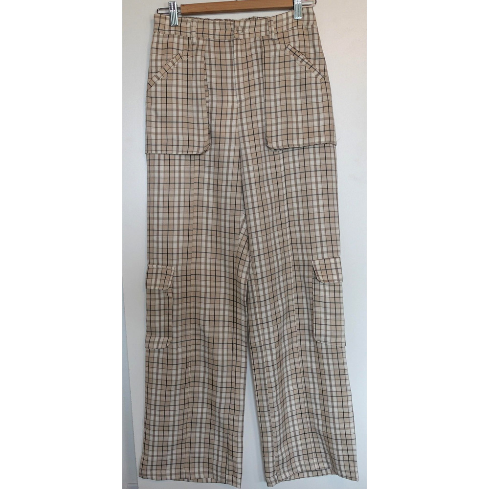 Klesis‎ Pants Womens Medium Beige Plaid Cargo High Rise Elastic Waist Academia